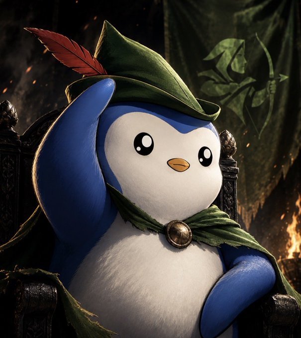 A plush penguin character wearing a green Robin Hood-style hat with a red feather and matching cape sits on an ornate throne. The image ties to the post's $PENGU token giveaway by featuring the iconic Pudgy Penguin mascot, the basis of the Solana-based memecoin being offered.