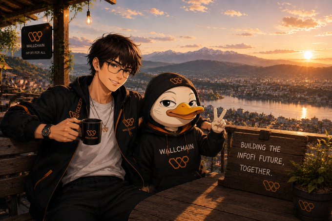 The image features two cartoon characters sitting together at a table near a large body of water, with one character wearing a hooded sweatshirt holding a coffee cup while the other holds up a sign or poster that says "Building the future together". The background includes mountains and a sunset, creating an overall warm and scenic atmosphere. There is also another post in the image discussing recent developments related to Wallchain Select, which mentions that only 0.3% of creators were selected between May and June.