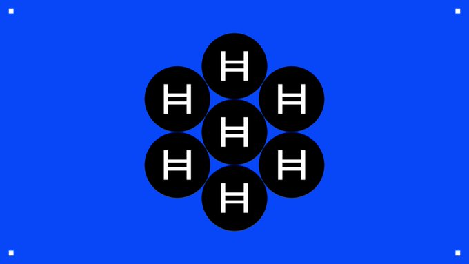 The image features a blue flag with white circles, each containing an "H". The flag has eight circles arranged in a square pattern. Below the flag, there's text that reads "Happy 7th anniversary @chainlink Hedera is proud to have Chainlink as a Hedera Council member." This text is written in black and white, which contrasts with the blue background of the flag.
