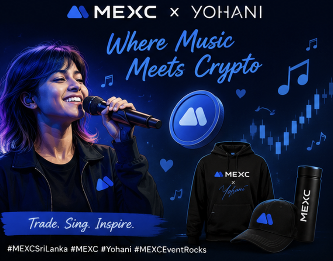 A promotional graphic for 'MEXC x YOHANI' with the tagline 'Where Music Meets Crypto' and 'Trade. Sing. Inspire.', featuring a woman singing into a microphone, MEXC branded merchandise, and hashtags including #MEXCSriLanka and #MEXCEventRocks.