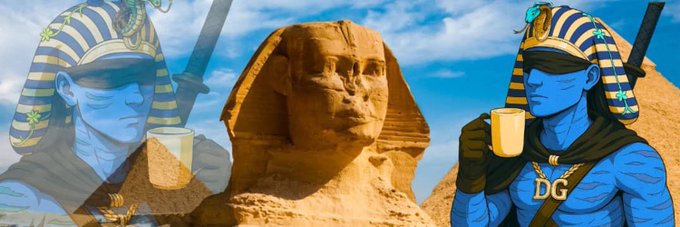 A stylized digital illustration featuring two blue-skinned pharaoh-like figures holding golden cups, flanking the Great Sphinx of Giza under a blue sky.