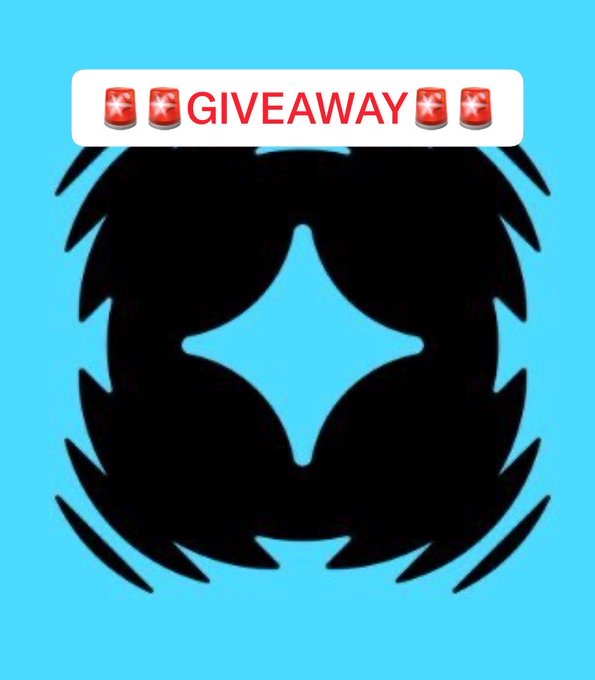 A graphic on a cyan background showing a black tribal-style logo with a four-pointed star in the center, topped by a '🚨🚨GIVEAWAY🚨🚨' label.
