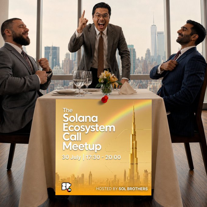 A promotional poster for 'The Solana Ecosystem Call Meetup' hosted by Sol Brothers on 30 July, 17:30 - 20:00, featuring three men in suits laughing and celebrating at a table with a city skyline view.