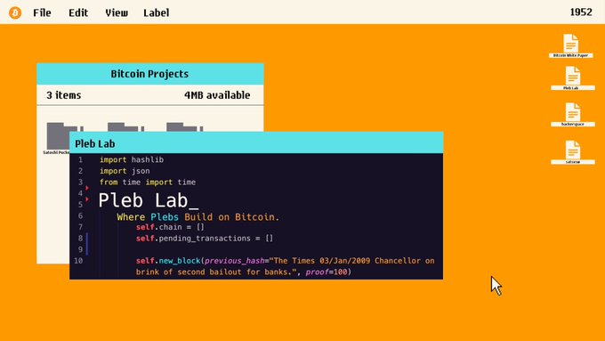 A retro-styled computer interface displays a window titled 'Pleb Lab' showing Python code for 'Where Plebs Build on Bitcoin', referencing the 2009 financial crisis and blockchain technology.