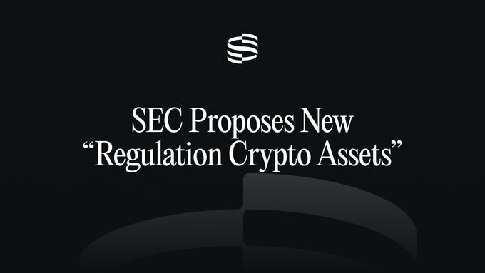 A black graphic features a stylized "S" logo at the top, with white text reading "SEC Proposes New 'Regulation Crypto Assets'" centered below it. The image visually headlines the SEC's new proposed regulatory framework for the crypto industry, supporting the post's announcement of these forthcoming rules aimed at fostering innovation and capital formation.