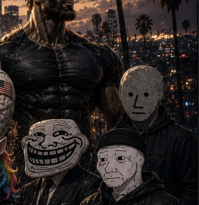 A dark, illustrated comic-style scene showing several masked figures including ones with American flag, troll, and plain white masks, set against a nighttime cityscape.