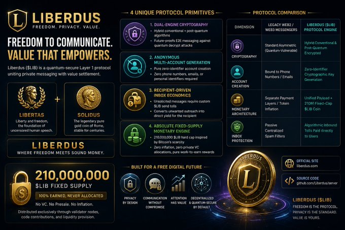 The image is a promotional infographic for **Liberdus ($LIB)**, a quantum-secure Layer 1 protocol, highlighting its "Freedom to Communicate, Value that Empowers" ethos alongside key features including four unique protocol primitives (Dual-Engine Cryptography, Anonymous Multi-Account Generation, Recipient-Driven Inbox Economics, and Absolute Fixed-Supply Monetary Engine), a 210,000,000 $LIB fixed supply, and a comparison chart distinguishing it from legacy Web2/Web3 messengers like WhatsApp.

The infographic directly illustrates the post's thesis by visually breaking down how Liberdus merges its dual philosophical foundations—**Libertas** (freedom of speech) and **Solidus** (stable currency)—into a technical architecture that fuses private messaging with sound money, rather than being just another Layer 1 narrative.