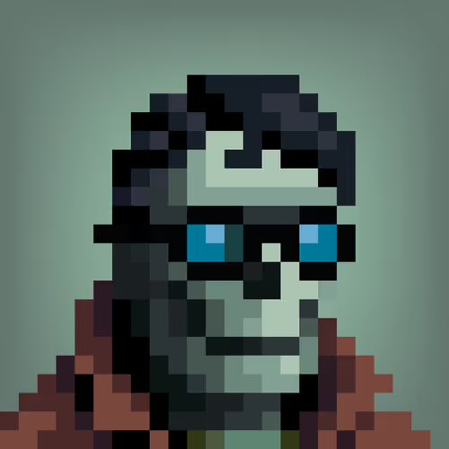 A pixel art portrait of a hooded, bearded figure with glowing blue eyes against a teal background.