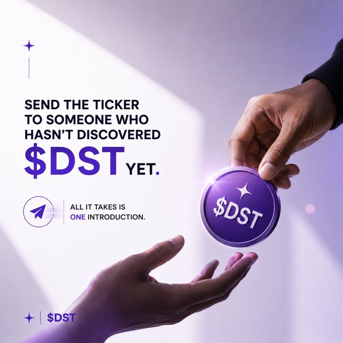 Promotional graphic reading 'SEND THE TICKER TO SOMEONE WHO HASN'T DISCOVERED $DST YET' with a Telegram logo and 'ALL IT TAKES IS ONE INTRODUCTION.'
