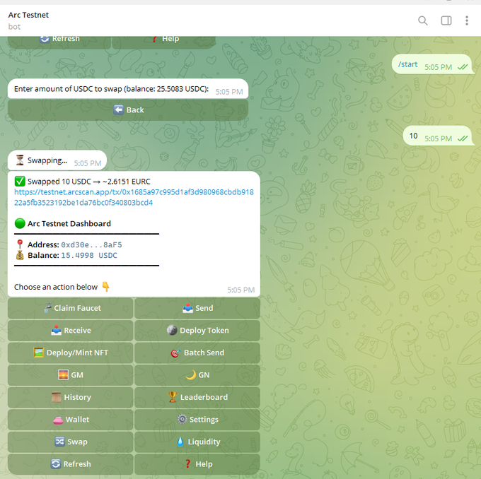 A Telegram bot interface for Arc Testnet showing a successful swap of 10 USDC to 2.6151 EURC, displaying wallet address, balance, and various action buttons.
