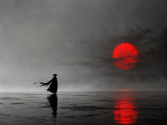 A silhouette of a figure in a flowing robe and conical hat stands on a misty shore, gazing toward a large, vivid red moon reflected in the water below, with a flock of birds flying in the distance.
