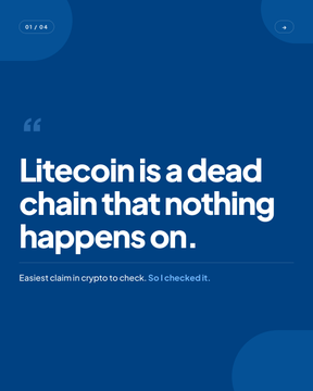 A blue promotional card displaying a quote: 'Litecoin is a dead chain that nothing happens on,' with smaller text reading 'Easiest chain in crypto to check. So I checked it.'