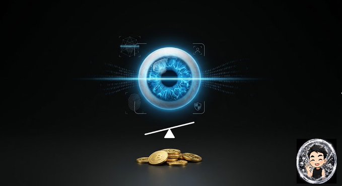 A digital graphic showing a glowing blue eye with a targeting reticle balanced on a seesaw against gold coins, with a small cartoon avatar logo in the bottom right corner, suggesting a balance or focus on cryptocurrency.