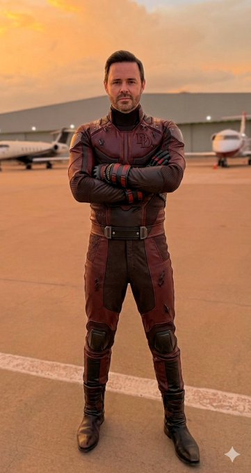 Ben Affleck stands on a tarmac in a Daredevil costume with crossed arms, with private jets visible in the background at sunset.