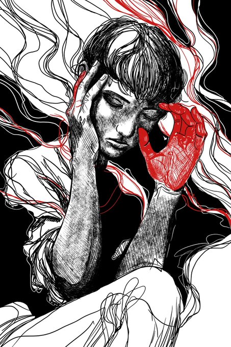 A black and white manga-style illustration of a young person with closed eyes and messy hair, featuring a hand drawn in vivid red color near their face.