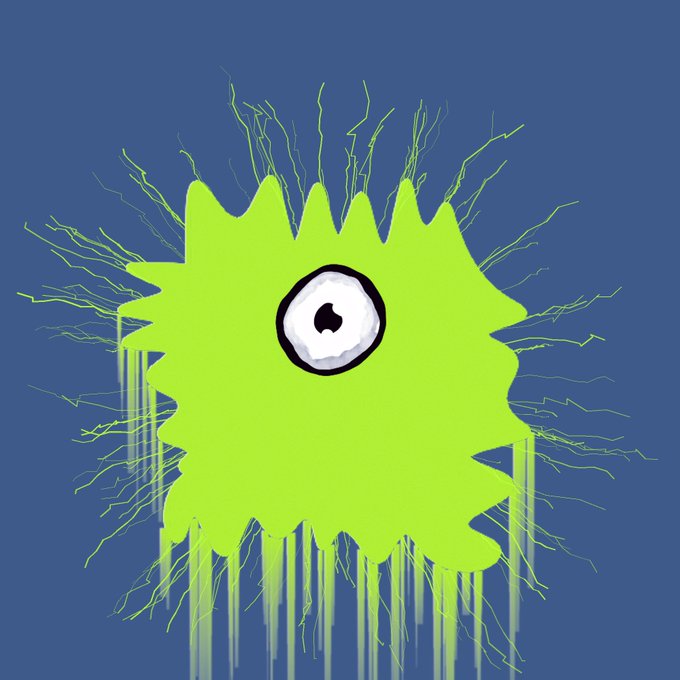A digital illustration depicts a bright green, fuzzy one-eyed monster character with electric-like strands extending outward, set against a solid blue background.