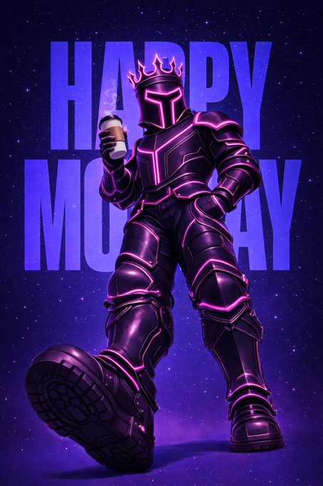 A futuristic armored knight with glowing pink accents and a crown walks forward through a starry purple void, holding a coffee cup, against the backdrop of large purple text reading "HAPPY MONDAY" — visually embodying the post's motivational message about starting the week strong as a crowned creator building and connecting within the $STKR community.