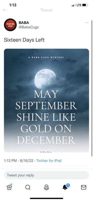 A tweet from BABA (@BabaCugs) reads 'Sixteen Days Left' above a moon graphic titled 'A BABA CUGS MYSTERY' with the text 'MAY SEPTEMBER SHINE LIKE GOLD ON DECEMBER'.