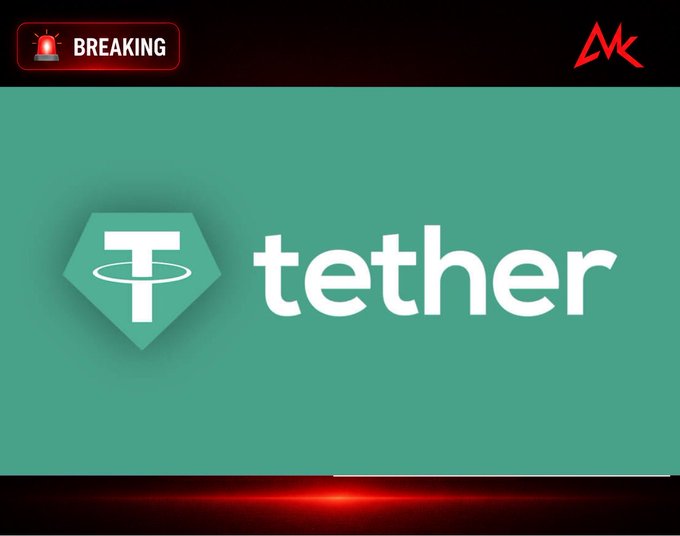 A breaking news graphic showing the Tether logo and name on a solid green background.