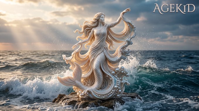 A fantasy-style illustration shows a mermaid standing on rocks in crashing ocean waves, holding a flowing veil or strand of fabric; “AGEKID” appears in the upper-right corner.