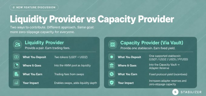 Infographic titled 'Liquidity Provider vs Capacity Provider' by Stabilizer, comparing two contribution methods through deposit amounts, destinations, earnings, and impact.
