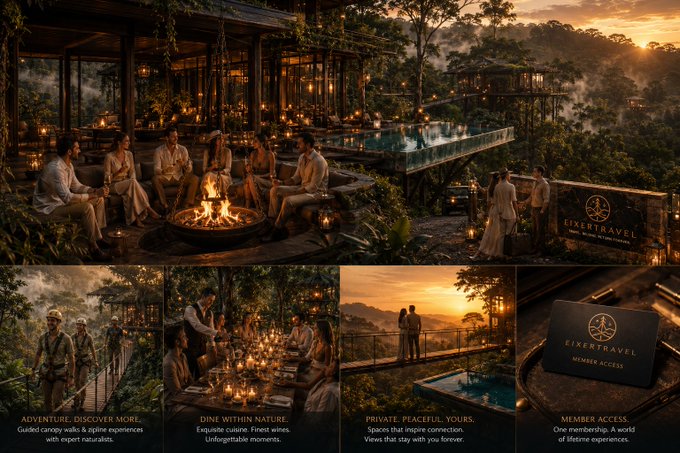 A promotional collage for 'EIXE TRAVEL' showcasing luxury travel experiences like 'ADVENTURE. DISCOVER MORE.' (canopy walks), 'DINE WITHIN NATURE.', 'PRIVATE. PEACEFUL. YOURS.' (sunset views), and 'MEMBER ACCESS.' (membership card).