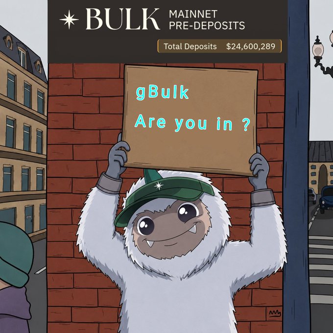 The image features a cartoon of a white and brown furry alien holding up a sign with the words "gBulk @bulktrade Pre-Deposit" written on it, above a picture of an urban street scene. The text also asks if there is anyone who would like to be in bulk, suggesting that some people are interested in the BulkTrade Pre- Deposit account offered by TGE. This could possibly relate to the content from the post about the trade being on hopeium and how it has already earned 1M aura points over the last two weeks.