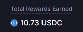 A dark-themed interface snippet displays 'Total Rewards Earned' with the amount '10.73 USDC' next to a USDC token icon.