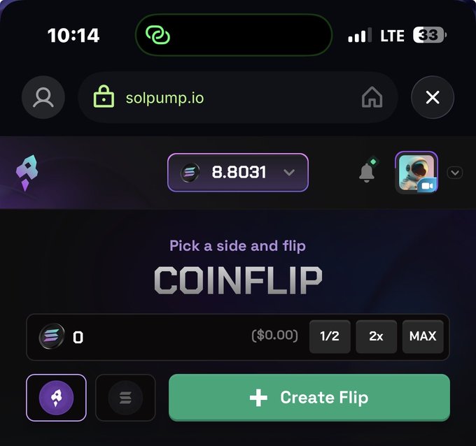 A screenshot of the solpump.io website showing a "COINFLIP" gambling interface with a balance of 8.8031 SOL and a "Create Flip" button, fitting the context of a Solana gambling platform where users can wager SOL.