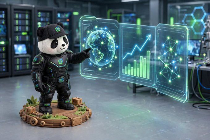 A figurine of a panda dressed in futuristic black and green tech gear stands on a decorative base in a data center, pointing at holographic displays showing a glowing globe, a rising bar chart, and a network diagram.