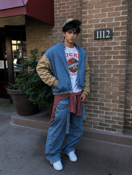 A young man posing on a sidewalk in front of a brick building marked '1112', wearing a denim jacket, graphic t-shirt, baggy jeans, a cap, and a flannel tied around his waist.