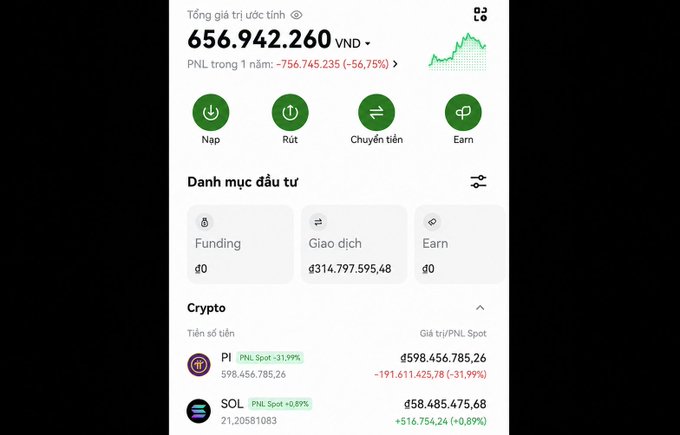 A cryptocurrency portfolio app displays a total estimated value of 656,942,260 VND with a 1-year PNL of -756,745,235 (-56.75%), showing investments in Funding (0 VND), Spot trading (314,797,595.48 VND), and Earn (0 VND), alongside crypto holdings of PI (worth 598,456,785.26 VND, down 31.99%) and SOL (worth 58,485,475.68 VND, up 0.89%).

The image directly supports the post's narrative, showing a Pi holder's portfolio where PI holdings alone are valued at ~598 million VND but represent a significant 31.99% loss, justifying the commenter's concern about the lack of "bright colors" (profits) and their preference for SOL.