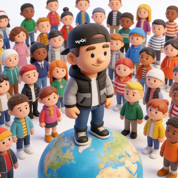 A stylized 3D character wearing a black cap with "WAX" written on it stands atop a globe while surrounded by a diverse crowd of cartoon figures, illustrating the post's message about WAX having a share of the world's 8 billion people.