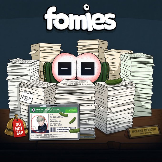 An illustration titled 'Fomkes' depicts a character buried under enormous stacks of paperwork at a desk labeled 'Department of Fomo,' wearing an ID badge and surrounded by pickles.
