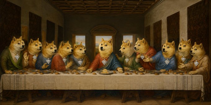 A parody of Leonardo da Vinci's "The Last Supper" reimagined with Shiba Inu (Doge) heads replacing the apostles and Jesus, each adorned with diamond pendants. The image visually reinforces the post's "last supper before $1 $DOGE" caption by depicting the iconic gathering as a prophetic meeting before Dogecoin reaches a major price milestone.