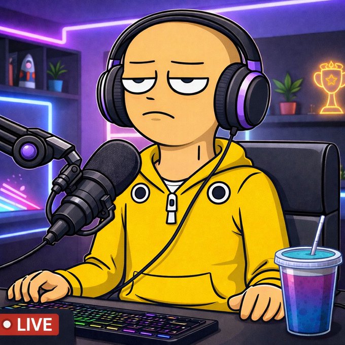 A digital illustration of a bored-looking cartoon character wearing headphones and a yellow hoodie at a streaming setup with a microphone, keyboard, and a purple drink, with a 'LIVE' indicator.