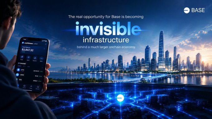 A promotional image for Base blockchain showing a person holding a smartphone displaying a Coinbase wallet with a balance of '$2,847.32', with the text 'The real opportunity for Base is becoming invisible infrastructure behind a much larger onchain economy.' overlaid on a cityscape.