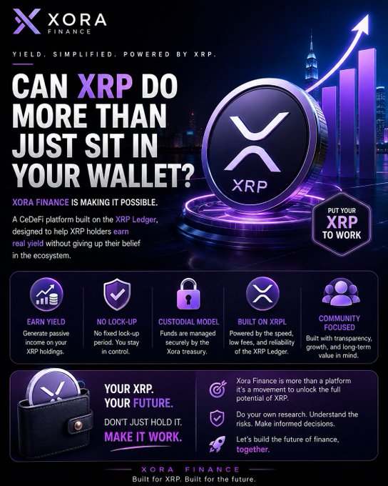 A promotional graphic for Xora Finance, a CeDeFi platform built on the XRP Ledger, featuring a purple coin and asking 'CAN XRP DO MORE THAN JUST SIT IN YOUR WALLET?' with features listed including 'EARN YIELD', 'NO LOCK-UP', and 'CUSTODIAL MODEL'.