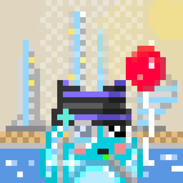A pixel art character resembling a teal cat wearing a wizard hat and holding a red mushroom, likely referencing a Skrumpey NFT from Monad, with a cityscape background. The whimsical pixelated aesthetic ties into the playful NFT branding mentioned in the post about claiming an airdrop at plumbers.farm.