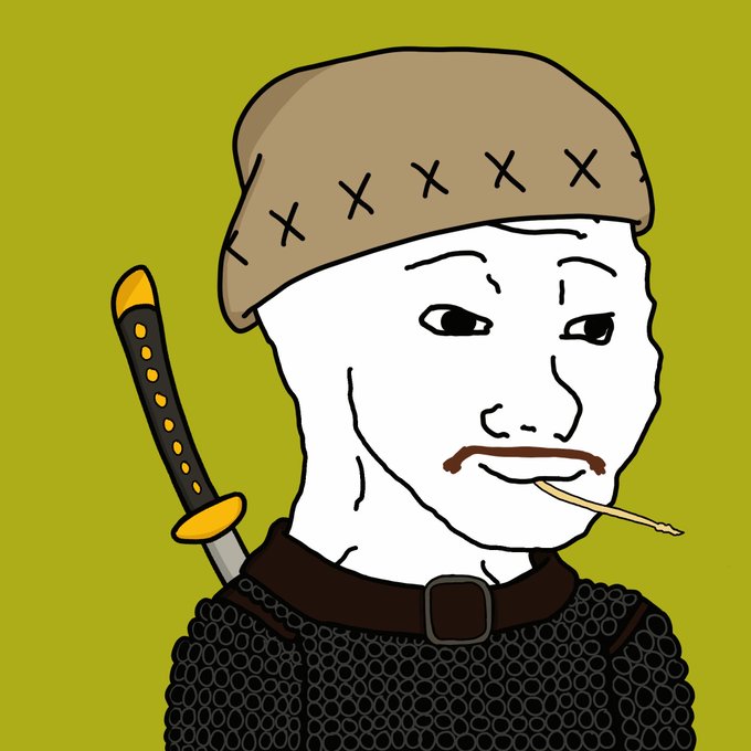 A Wojak-style cartoon character with a smug expression smokes a cigarette while wearing a stitched cap and chainmail armor, with a katana strapped to their back.