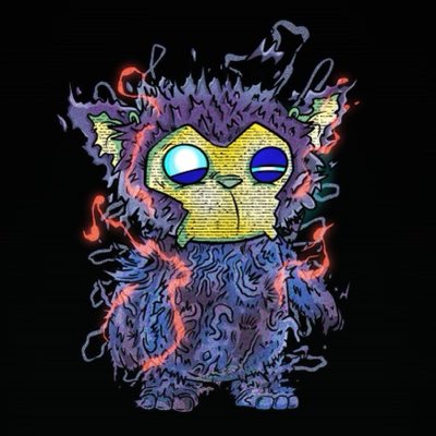 Digital art of a small hooded creature with glowing blue eyes surrounded by red lightning effects against a black background.