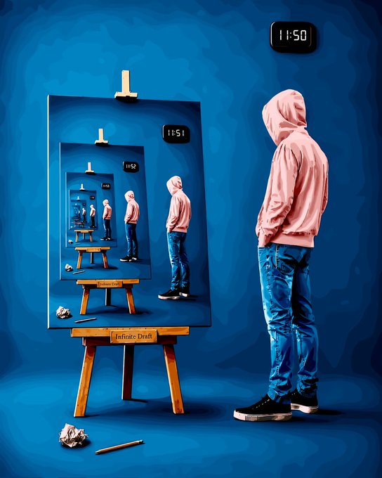 Surreal digital illustration of a hooded figure in a pink sweatshirt and blue jeans standing before a painting that depicts the same scene recursively, with digital clock displays showing different times.