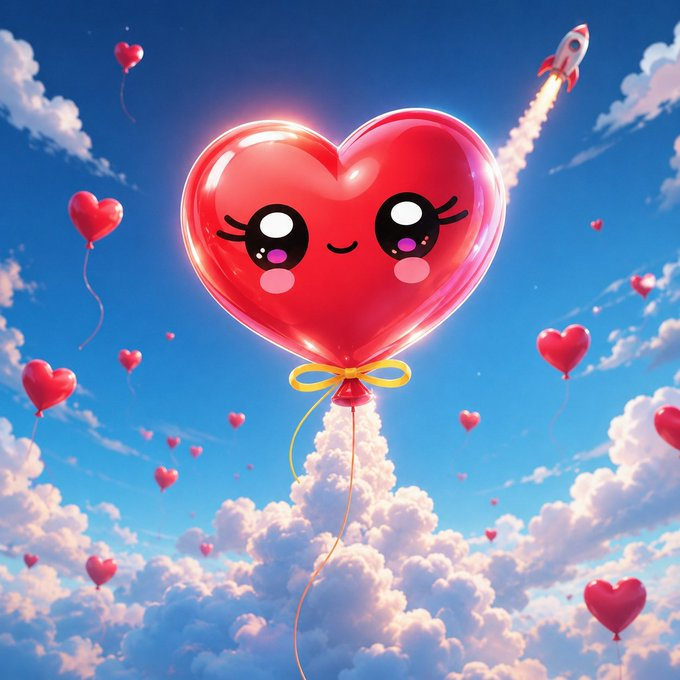 A kawaii-style 3D illustration of a cute red heart-shaped balloon with eyes and a smile floating among clouds in a blue sky, surrounded by smaller heart balloons and a rocket launching in the background.