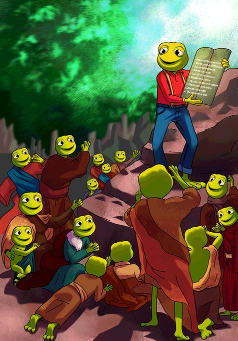 A cartoon illustration depicts a frog-headed figure in a red shirt and jeans reading from stone tablets to a gathering of similarly amphibious creatures.