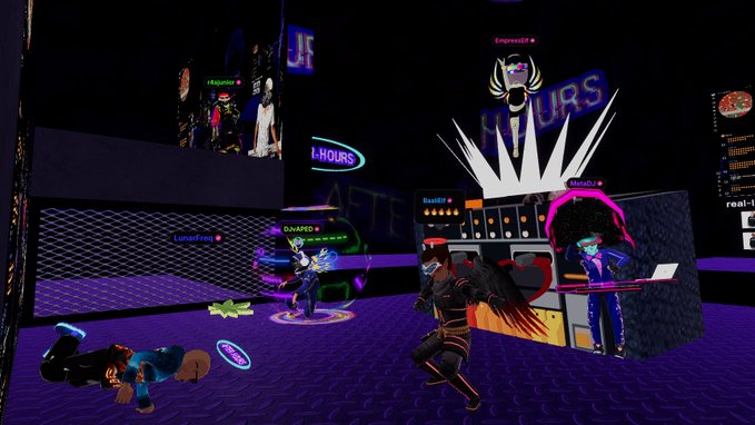 A screenshot from a multiplayer online game featuring various avatars with usernames like 'ImpressM', 'LunaFree', and 'GIMME0' in a dark, neon-lit virtual environment.