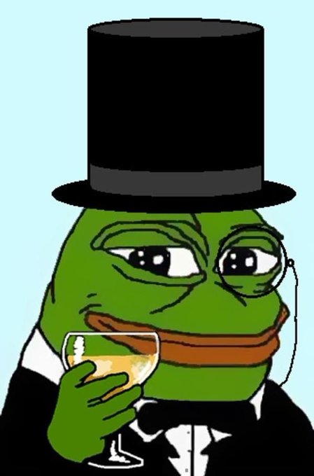 A cartoon illustration of the Pepe the Frog character dressed as a gentleman in a black top hat and suit, holding a glass of white wine.