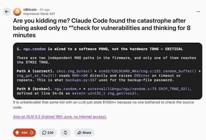 A Reddit post on r/Bitcoin (titled "Impressive-Gene-421") reports that Claude Code identified a critical Coldcard MK4 hardware wallet vulnerability after just 8 minutes of analysis—exposing that `ngu.random` uses a software PRNG instead of the hardware TRNG, allegedly leading to a $100M+ exploit. The image supports the post's message by illustrating how AI tools can rapidly audit code for hidden bugs, enabling proactive security reviews.