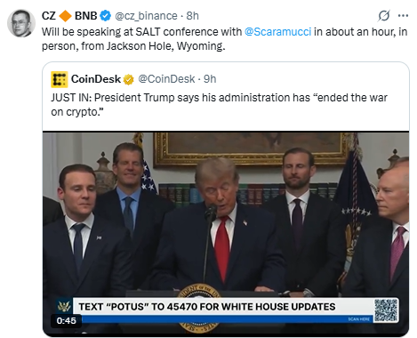 A screenshot of a post by CZ (cz_binance) announcing he will be speaking at the SALT conference with Scaramucci, quoting a CoinDesk tweet about President Trump ending the war on crypto.