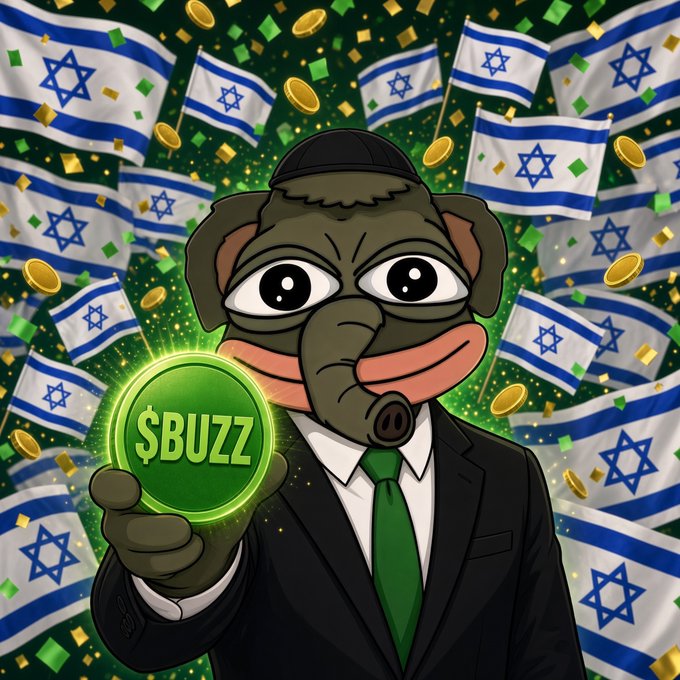 A cartoon elephant in a black suit and green tie holds up a glowing green "$BUZZ" coin, surrounded by Israeli flags, gold coins, and green confetti, visually promoting the "$BUZZ Solana AirDrop" giveaway that promises token tips to those who follow, like, and retweet the post.