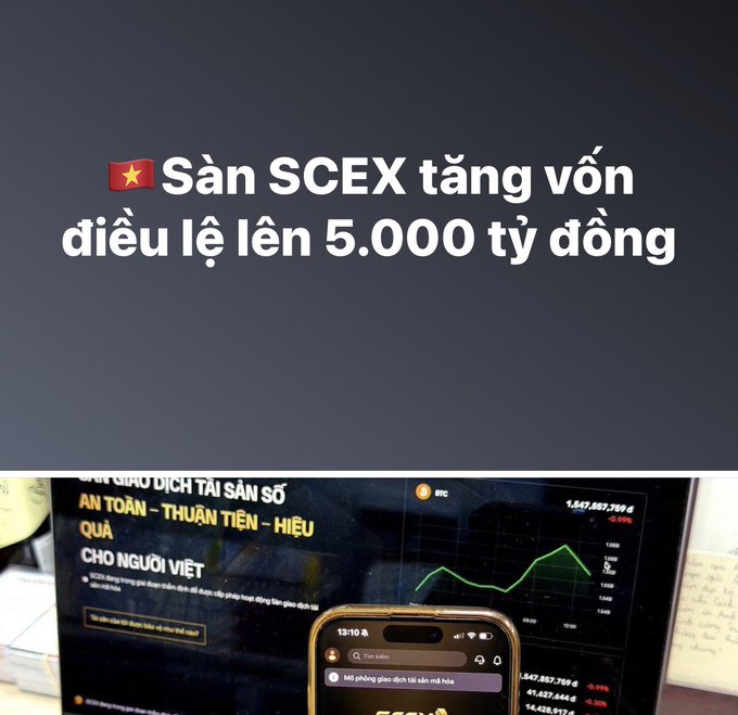 A Vietnamese news graphic headline reads 'Sàn SCEX tăng vốn điều lệ lên 5.000 tỷ đồng' (SCEX exchange increases charter capital to 5,000 billion VND), shown above a monitor displaying a BTC chart and a smartphone screen.